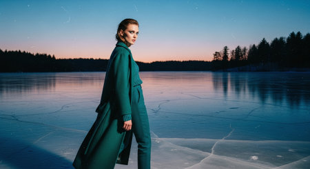 Beautiful young woman in a green coat on the frozen lake.の素材