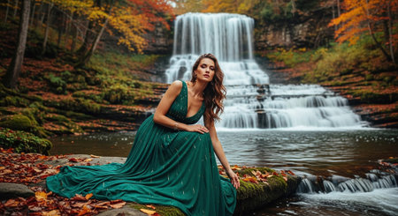 Beautiful young woman in a long green dress on the background of a waterfallの素材