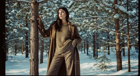 Beautiful young woman in winter forest. Girl in a beige coat and hat.の素材