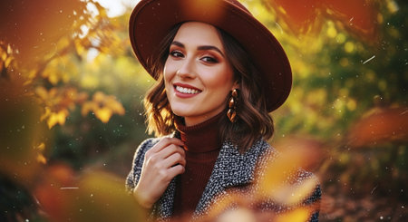 Portrait of a beautiful young woman in a hat and scarf in autumn parkの素材