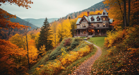 Beautiful autumn landscape with wooden house in Carpathian mountains.の素材
