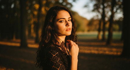 Portrait of a young beautiful woman in the park at sunset.の素材