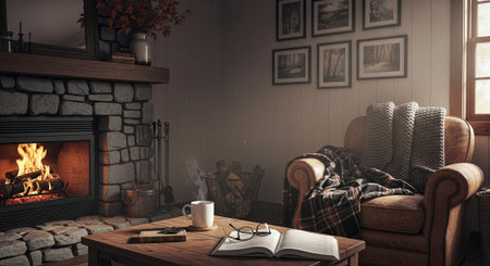 Living room interior with fireplace and reading book. 3d illustration.の素材