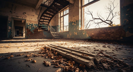 Abandoned industrial interior with wooden stairs and falling leaves in autumnの素材