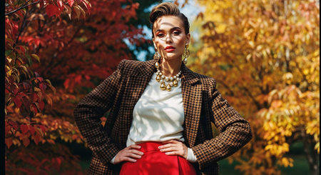 Fashion portrait of a beautiful young woman in a brown coat and red skirt in the autumn parkの素材
