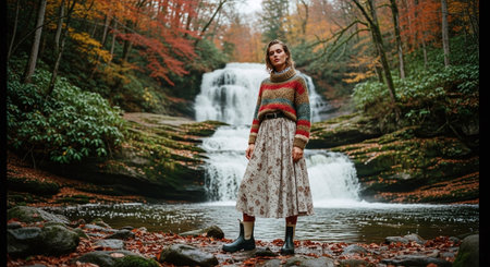 Beautiful girl in a long skirt and a knitted sweater stands near a waterfall in the autumn forest.の素材