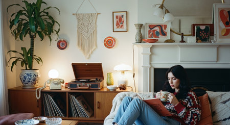 Young woman sitting on sofa with cup of coffee and reading book at homeの素材