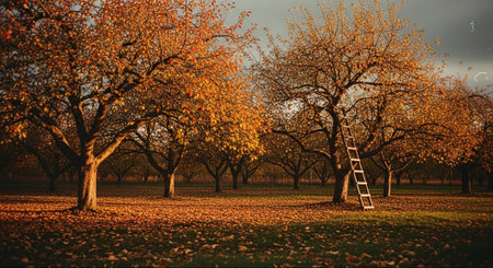 Ladder in an apple orchard in autumn. 3d renderの素材