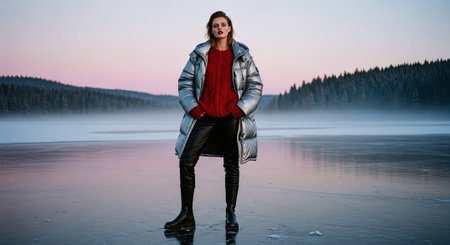 Beautiful young woman in a winter jacket on the frozen lake.の素材