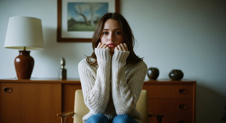 Young woman sitting in armchair at home, looking at camera.の素材