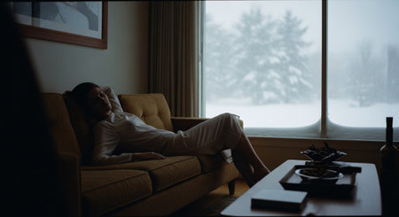 Young man watching TV at home in the living room on the sofaの素材