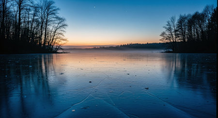 Beautiful winter landscape with frozen lake and forest at sunset. Long exposureの素材