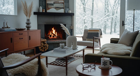 Cozy living room with fireplace, sofa, coffee table, armchair and coffee table in winter.の素材