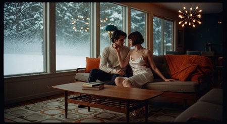 Young couple in love sitting on a sofa in the living room by the windowの素材