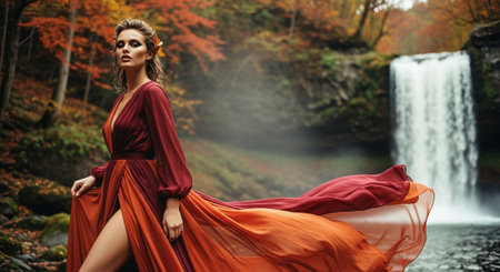 Beautiful woman in a long red dress in the autumn forest.の素材