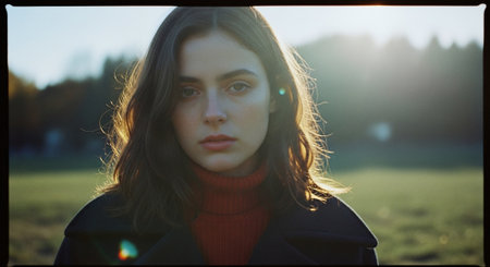 Portrait of a beautiful girl in a black coat and red sweater in the parkの素材