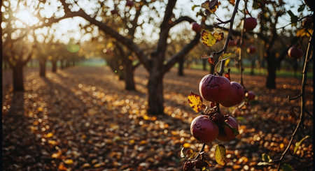Ripe apples on a branch in an orchard in autumn.の素材
