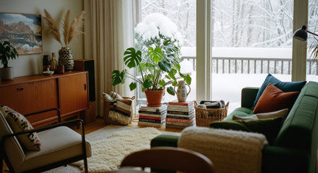 Living room with green sofa, plants, coffee table, books and windowの素材