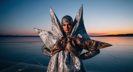 Beautiful girl in a silver costume on the frozen lake in the winterの素材