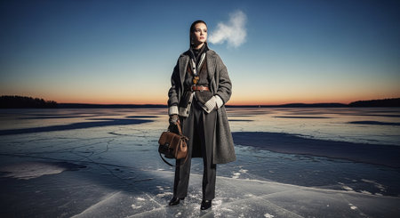 Portrait of a man in winter clothes on the ice of the frozen lake.の素材