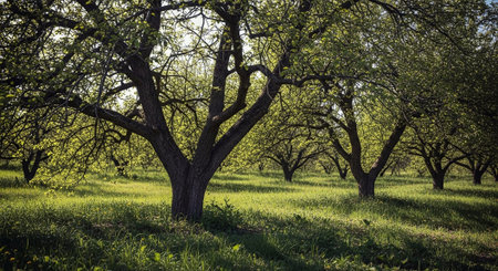 Apple orchard in springtime. Beautiful landscape with trees and green grassの素材