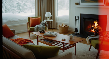 Cozy living room with fireplace, coffee table, books and sofaの素材