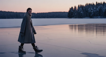Young woman in winter clothes standing on ice of frozen lake at sunsetの素材