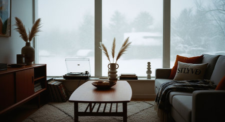 Living room interior with sofa, coffee table, coffee table, bookshelf and window with snowの素材
