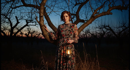 Beautiful young woman in a long dress with a lantern in the forest.の素材