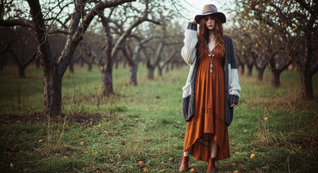 Young woman in hat and coat walking in the apple orchard.の素材