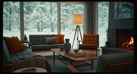 Living room with a large window overlooking the snow-covered forest.の素材