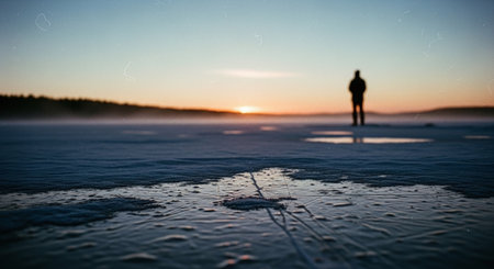 Lonely man standing on frozen lake at sunset. Shallow depth of fieldの素材