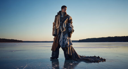 Man in winter clothes standing on ice of frozen river at sunset.の素材