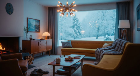 Interior of a cozy living room with a view of the winter forestの素材