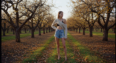 Beautiful young woman walking in an apple orchard in autumn.の素材