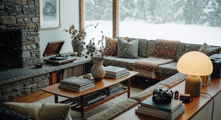 Interior of modern living room with wooden furniture, carpet, pillows, books, coffee table and window with winter landscapeの素材