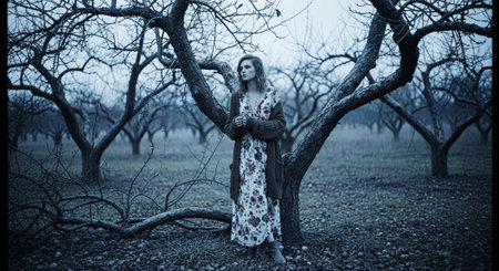 Beautiful woman in long white dress posing in an apple orchardの素材