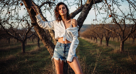 Beautiful brunette girl posing in an apple orchard at sunset.の素材