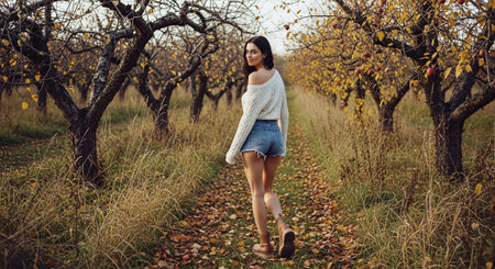 Beautiful young brunette girl in a white sweater and denim shorts walks through an apple orchard.の素材
