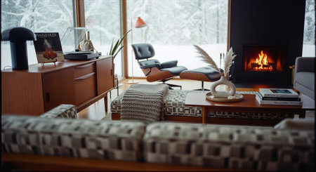 Interior of modern living room with fireplace. Cozy winter homeの素材