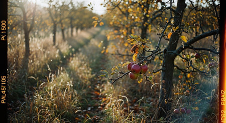 Autumn apples in the orchard. Autumn landscape. Harvest time.の素材