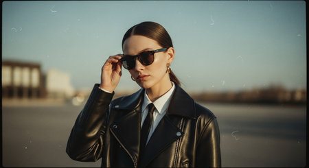 Portrait of a beautiful girl in a black leather jacket and sunglasses.の素材