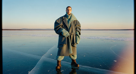 A young man in a green coat stands on the frozen lake.の素材