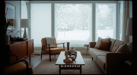 Interior of a living room with sofa, coffee table and windowの素材