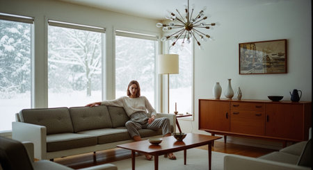 Young woman sitting on sofa in living room at home in winter.の素材