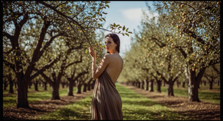 Beautiful young woman in a long dress in an apple orchardの素材