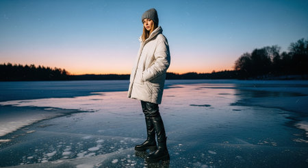 Beautiful young woman in a warm jacket and hat standing on the ice of a frozen lake at sunsetの素材