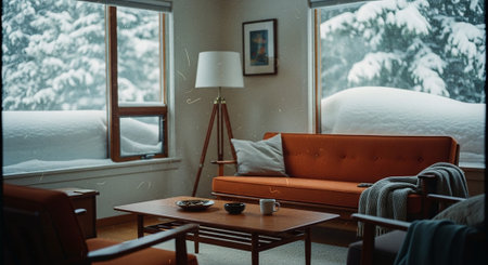 Cozy living room with cozy sofa, coffee table and window with snow covered trees in backgroundの素材