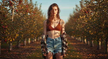 Beautiful young woman in a red bra and denim shorts in an apple orchard.の素材