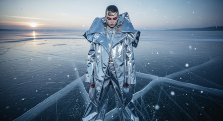 Futuristic woman in a futuristic costume on the frozen lake.の素材